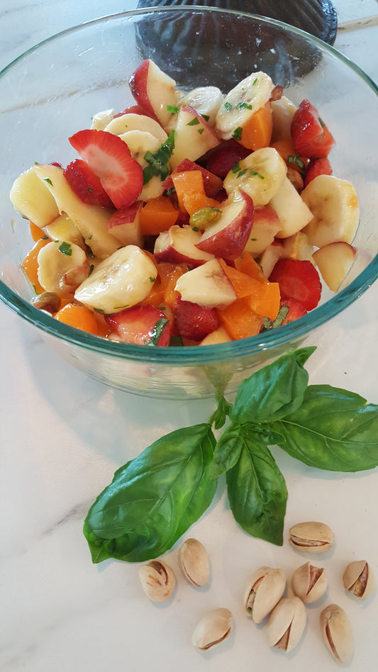 Not Your Grandma's Fruit Salad - Basil Fruit with Pistachio